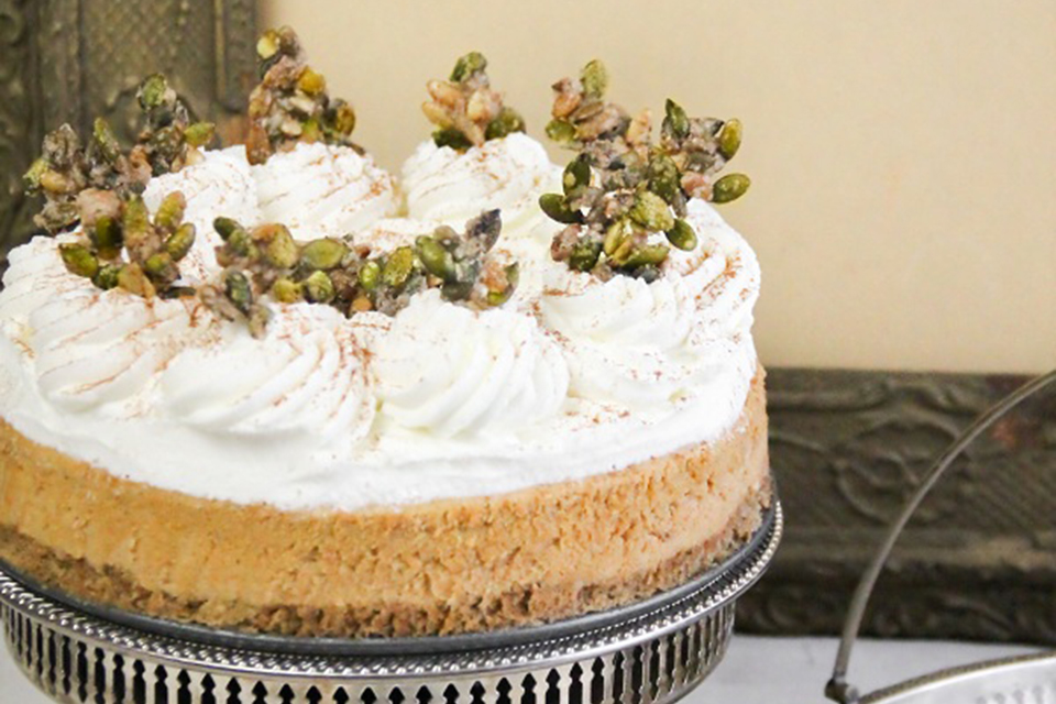 Pumpkin Cheesecake With Sugared Pumpkin Seeds